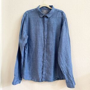 Free Line Athens Men’s Button‎ Up 100% Linen Shirt Blue Regular Fit  Size 2XL
